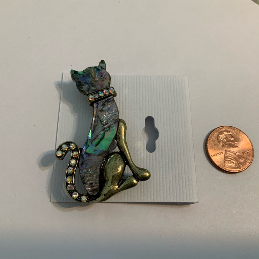 Pretty Sitting Cat Abalone Shell and Austrian Crystal Pewter Pin
